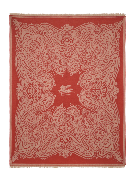 Etro, Plaid De Lana Con Paisley Y Logo Jacquard, Rojo