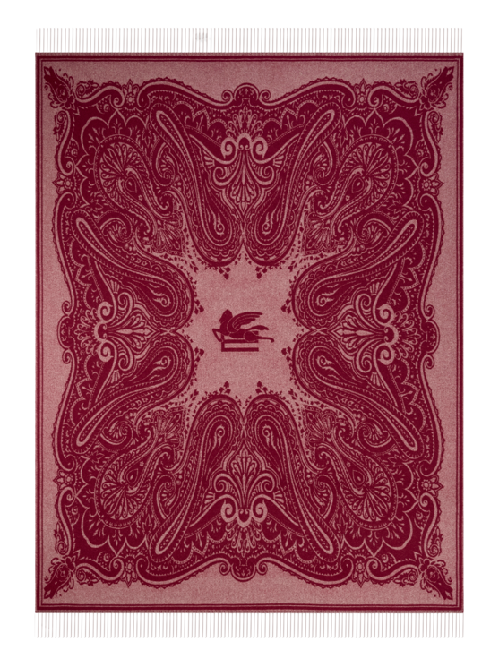 Etro, Plaid Jacquard De Lana Con Pegaso Y Motivo Paisley, Burdeos