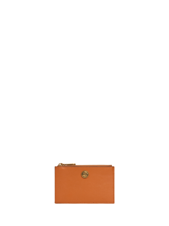 Etro, Porta Carte In Pelle Con Bottone Pegaso, Donna, Arancione