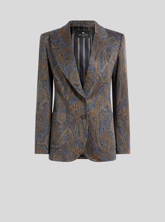 Etro , Single-breasted Cotton-blend Jacquard Jacket With Paisley Motif, Woman, Light Blue, Size 50
