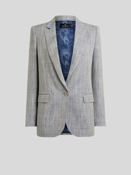 Etro , Single-breasted Linen-blend Jacket, Woman, Grey, Size 50 In Gray