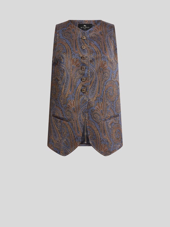 Etro , Cotton-blend Jacquard Waistcoat With Paisley Motif, Woman, Light Blue, Size 50