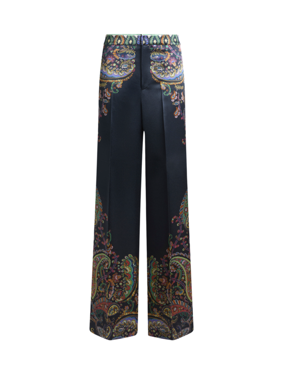 Etro, Pantalones De Pernera Ancha De Envers Satin Con Estampado Posicional, Mujer, Azul, Tamaño 50