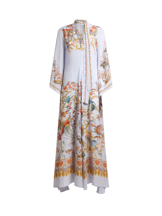 Etro, Abito Lungo In Seta Con Foulard E Stampa Piazzata Flora E Fauna, Donna, Multicolor, Taglia 50