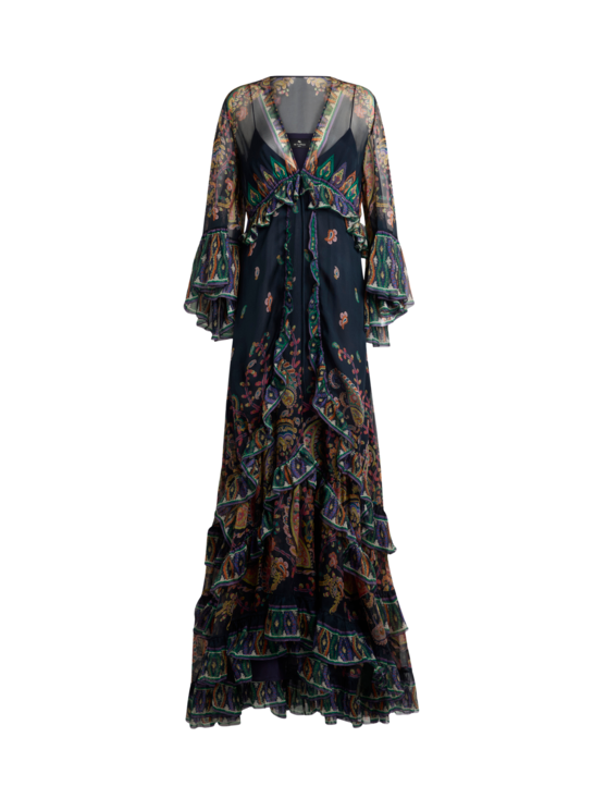 Etro Women's Blue Long Silk Dress With Placed Floral Paisley Print, Woman, Size 50