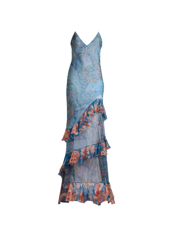 Etro, Abito Lungo In Seta Con Volant E Motivo Floreale, Donna, Azzurro, Taglia 46