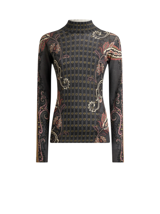Etro Women's Black Silk And Cashmere Turtleneck Sweater With Floral Paisley Motif, Woman, Size 50