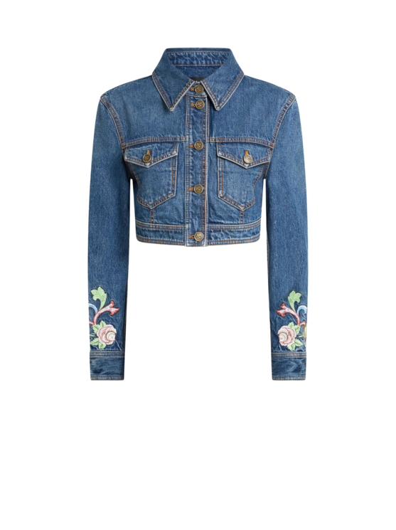 Etro, Giacca Cropped In Denim Con Ricamo Floreale, Donna, Blu, Taglia 38