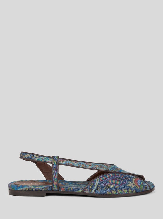 Etro, Sandalias Planas De Denim Jacquard, Mujer, Azul, Tamaño 37