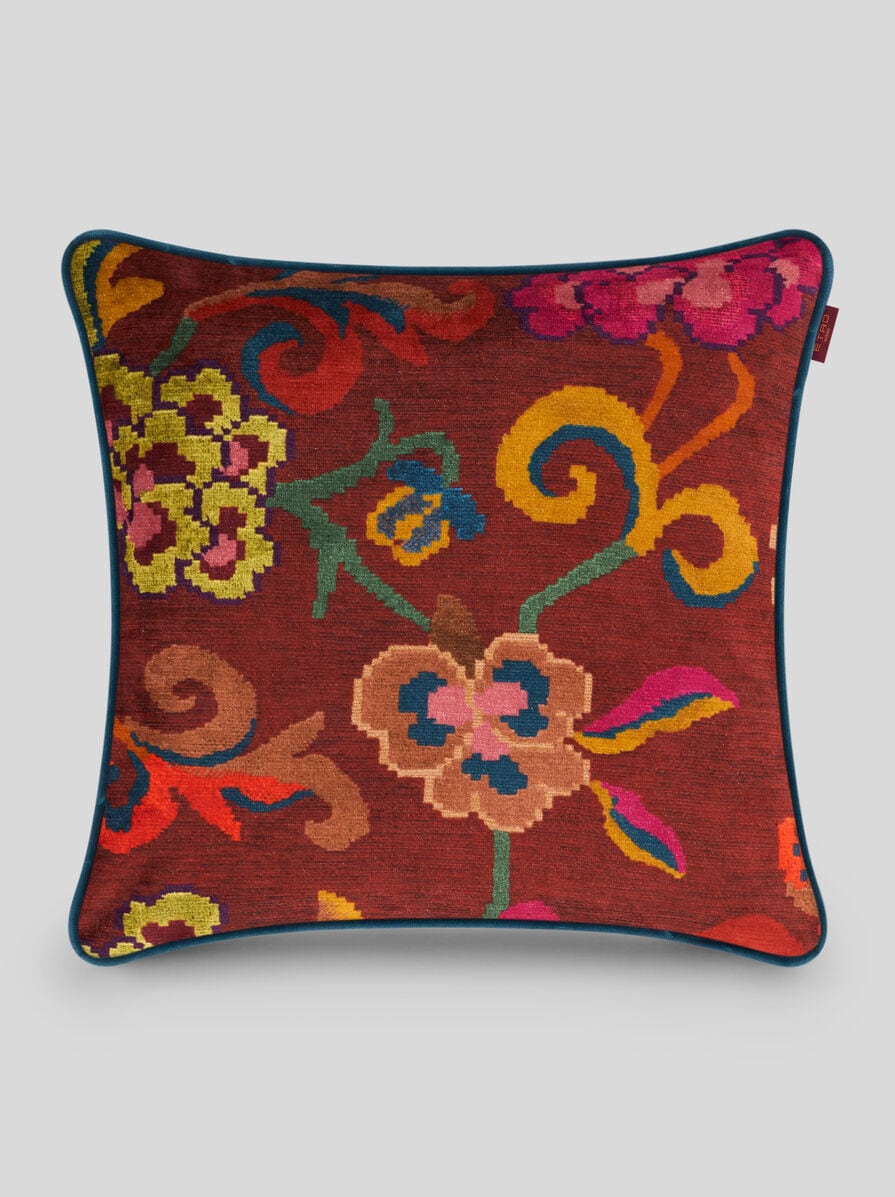 Velvet Cushion With Floral Motif and Stripes