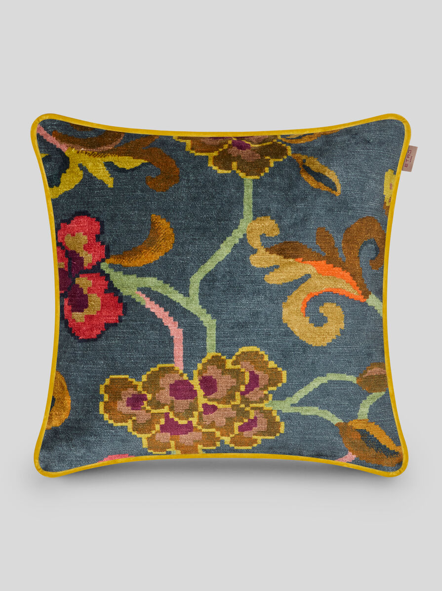 Velvet double sided cushion with floral motifs and stripes