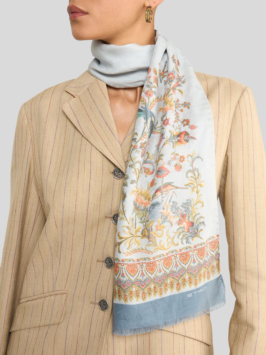 ETRO フラワージャガード　コットンホワイトトラウザーズ　イタリア製 COTTON-BLEND JACQUARD SCARF WITH FLORA AND FAUNA MOTIF | Scarves