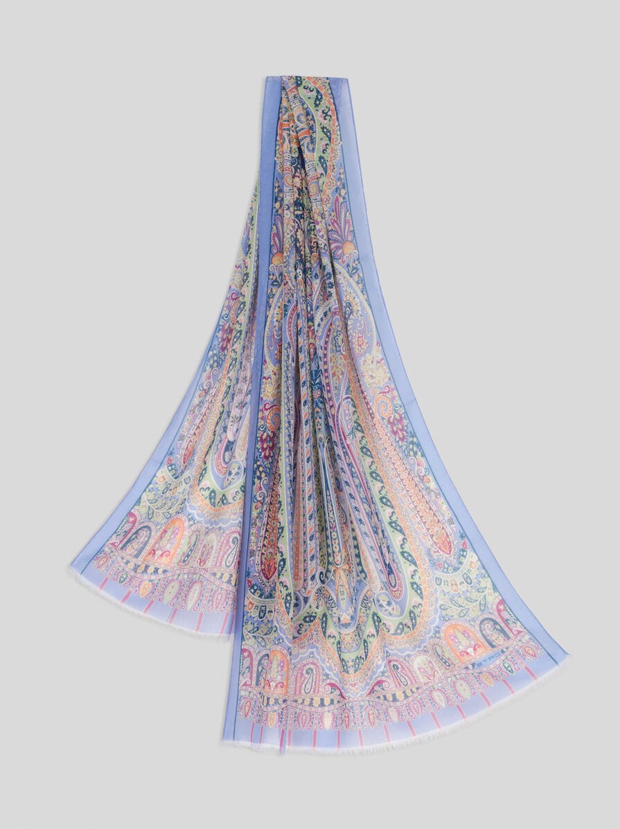 エトロ 光沢 シルク ベロア ストール 総柄 ペイズリー ETRO - エトロ シルク混 ストール マフラー ペイズリー柄 ピンク