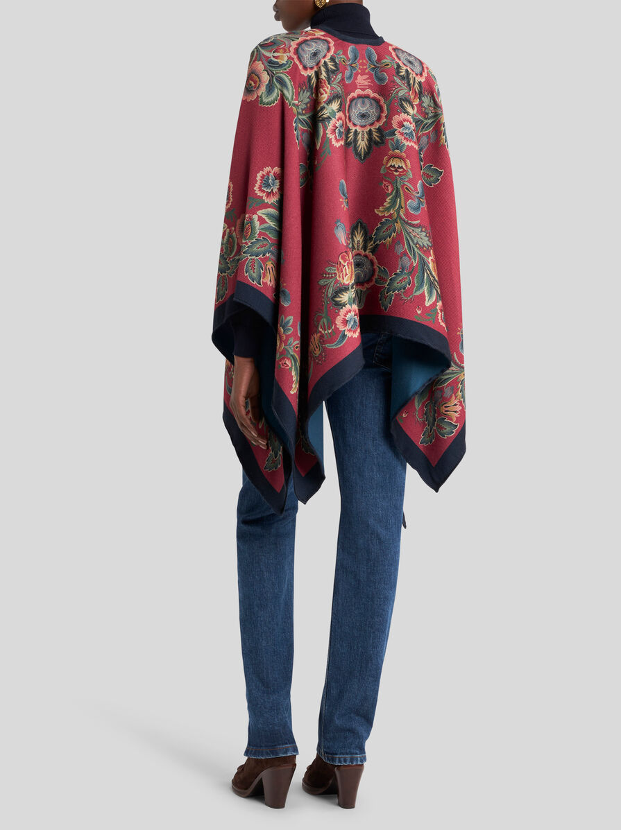 【極美品】 ETRO ポンチョ ウール アルパカ 花柄 〇ヘリンボン柄〇アルパカウール ポンチョx濃茶レザー 二重織