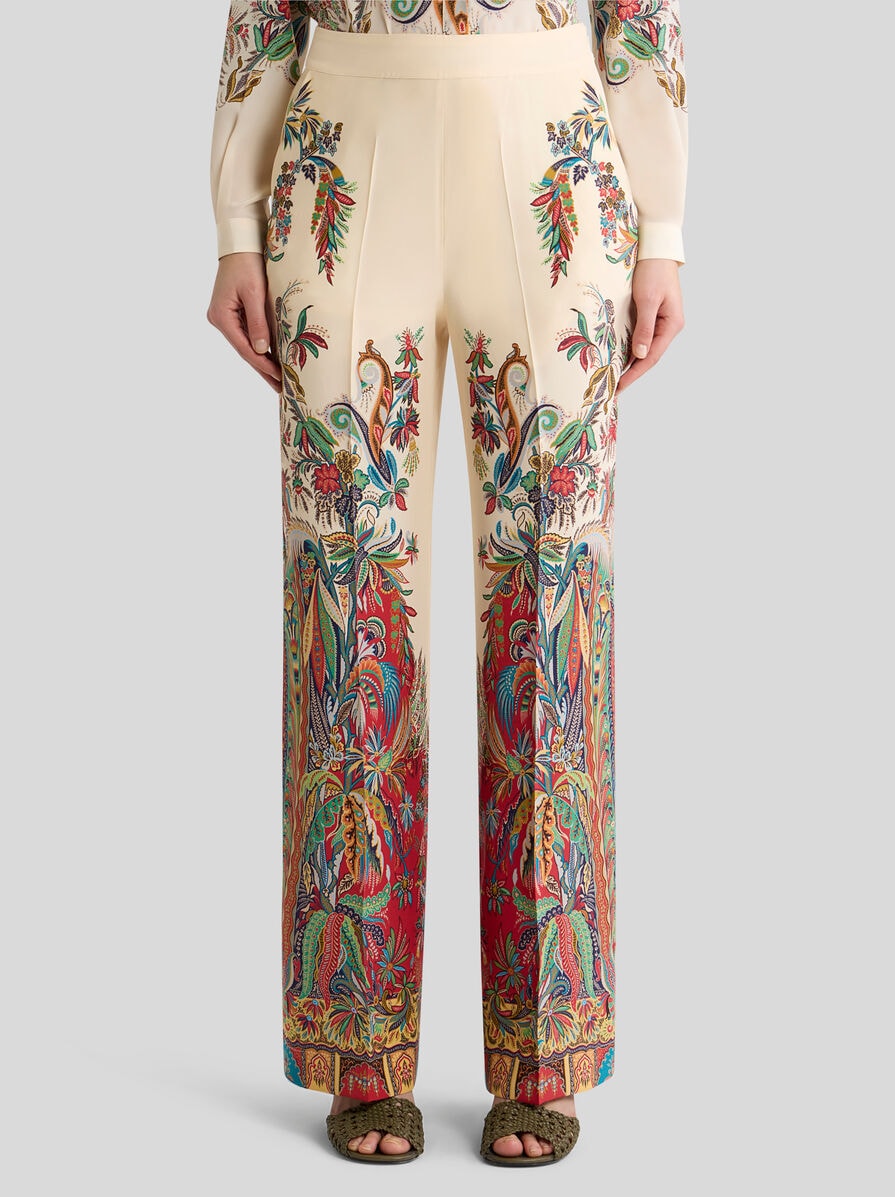 SILK TROUSERS WITH PLACED PAISLEY FOLIAGE PRINT | Trousers | ETRO