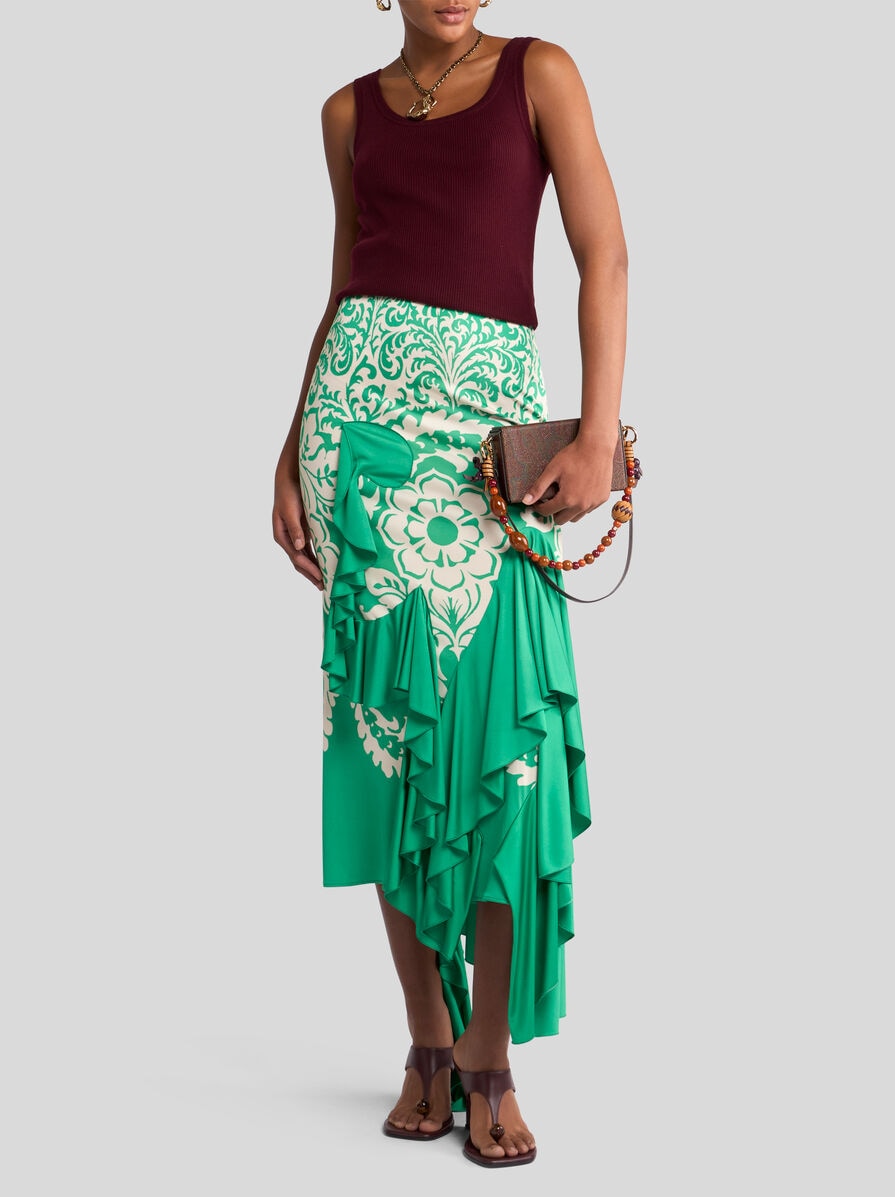 スカート Etro Shiny Jersey Asymmetric Skirt ASYMMETRIC JERSEY SKIRT WITH FLOUNCE AND PRINT | Skirts | ETRO