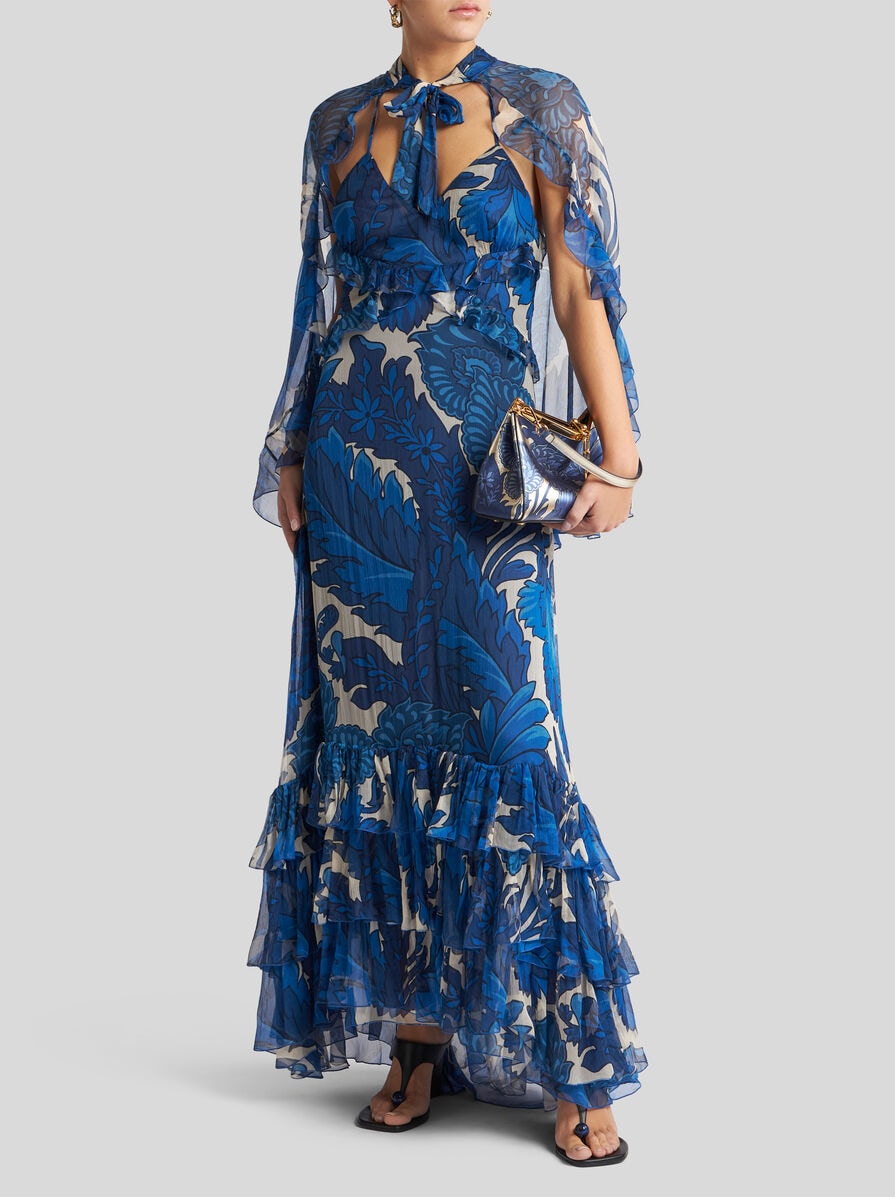 DRESS WITH MAXI FLORAL PRINT AND DETACHABLE CAPE | Dresses
