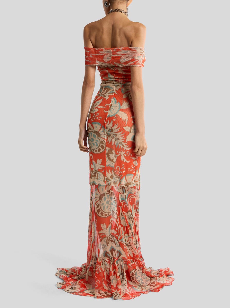 LONG TULLE DRESS WITH OPEN SHOULDERS AND FLORAL MOTIF | Dresses | ETRO