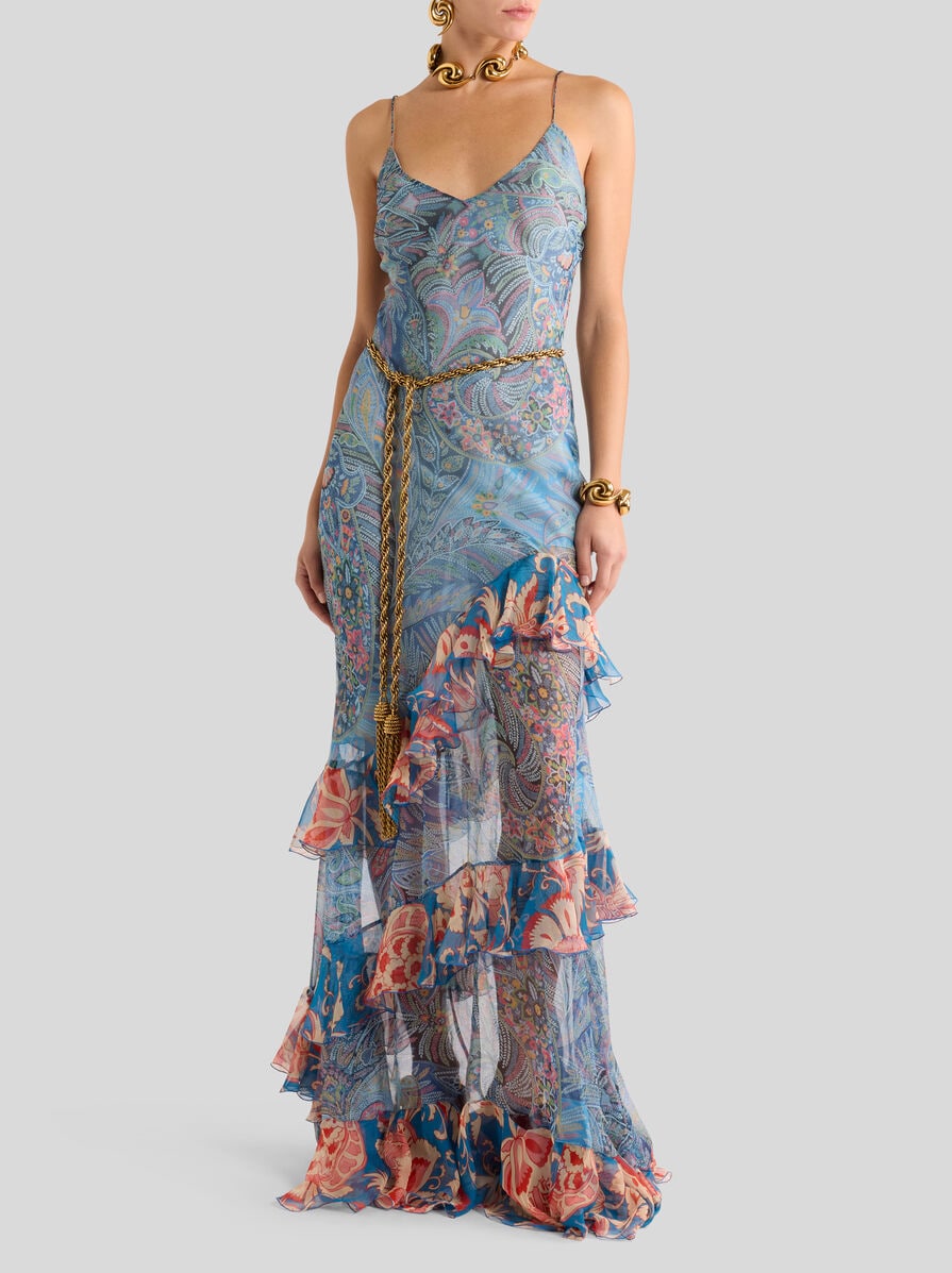 LONG DRESS IN SILK WITH RUFFLES AND FLORAL MOTIF | Dresses | ETRO