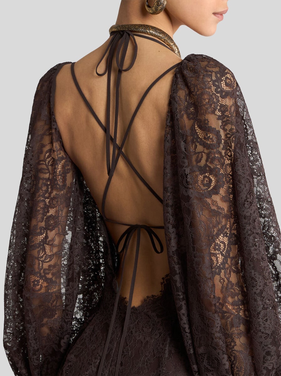 Etro, Long Lace Dress With Paisley Motif, Woman, Brown, Size 46