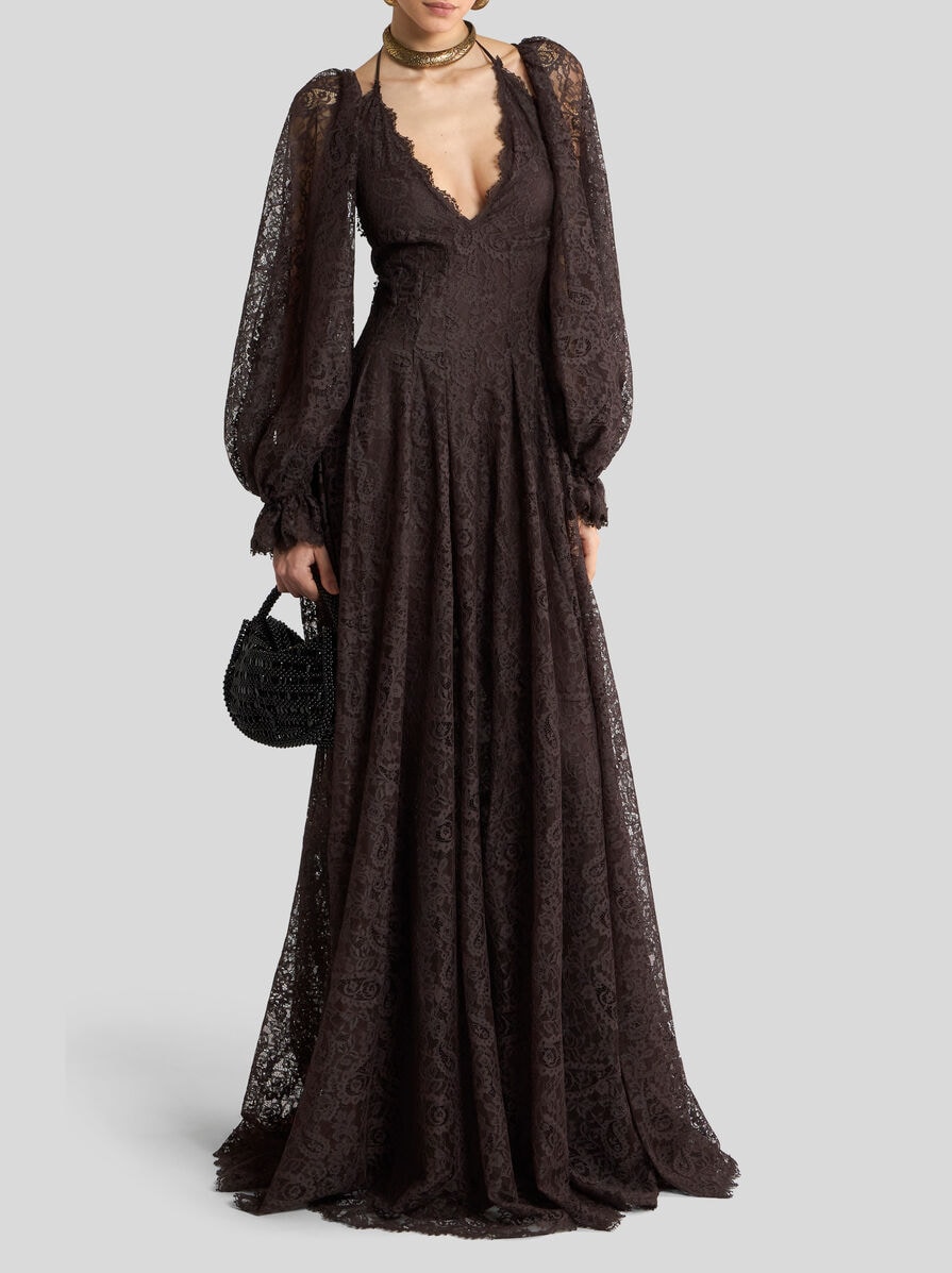 Etro, Long Lace Dress With Paisley Motif, Woman, Brown, Size 46