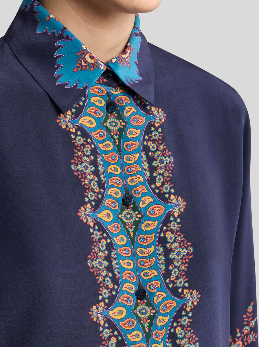 極美品✨ETRO シルク100%ブラウスシャツ　イタリア製　総柄　とろみ　青38 ピアッツァータプリント シルク シャツ