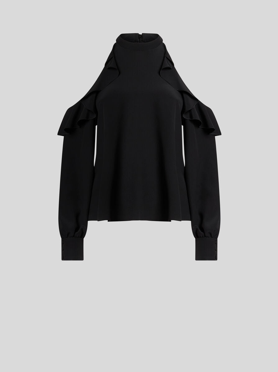 Tシャツ・カットソー ETRO Women Tunic Tops WRJA011999TU1I0N0000 Black SILK TOP WITH OPEN SHOULDERS AND RUFFLES | Tops | ETRO