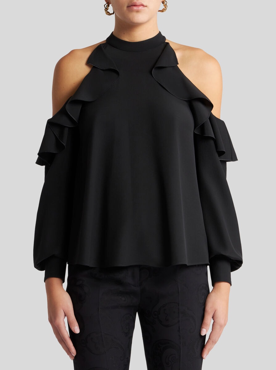 Tシャツ・カットソー ETRO Women Tunic Tops WRJA011999TU1I0N0000 Black SILK TOP WITH OPEN SHOULDERS AND RUFFLES | Tops | ETRO
