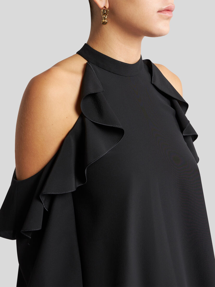 Tシャツ・カットソー ETRO Women Tunic Tops WRJA011999TU1I0N0000 Black SILK TOP WITH OPEN SHOULDERS AND RUFFLES | Tops | ETRO