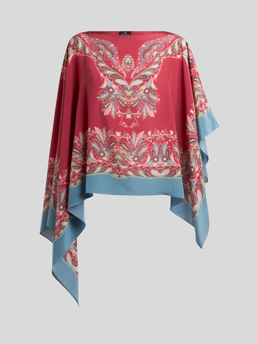 ASYMMETRIC SILK PONCHO TOP WITH PLACED PRINT | Capes and