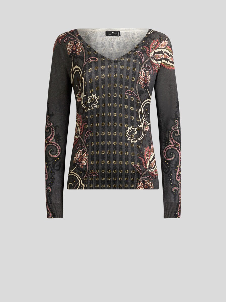 ETRO ペイズリー総柄 シルク カシミヤ ニット セーター 38 フローラル ペイズリーモチーフ シルク＆カシミア セーター | エトロ