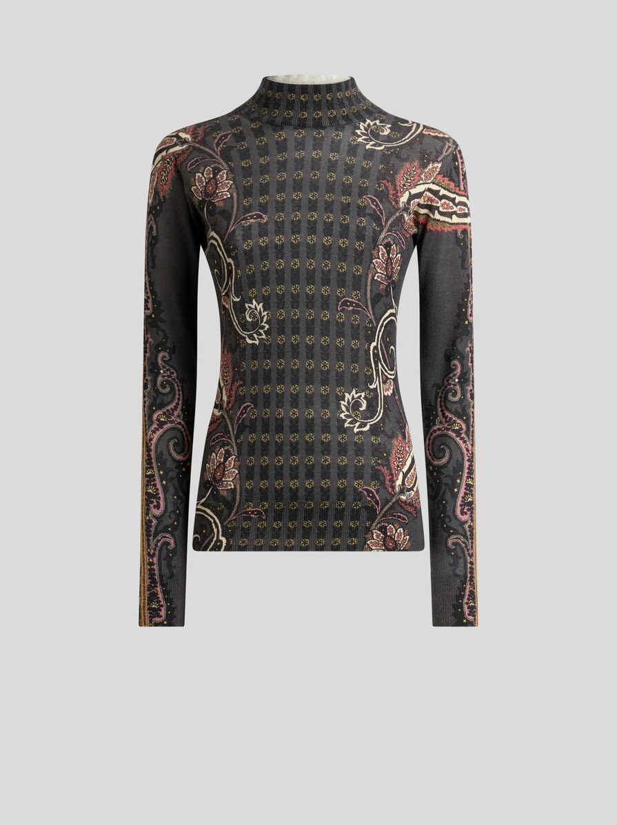 フローラル ペイズリーモチーフ シルク＆カシミア タートルネック