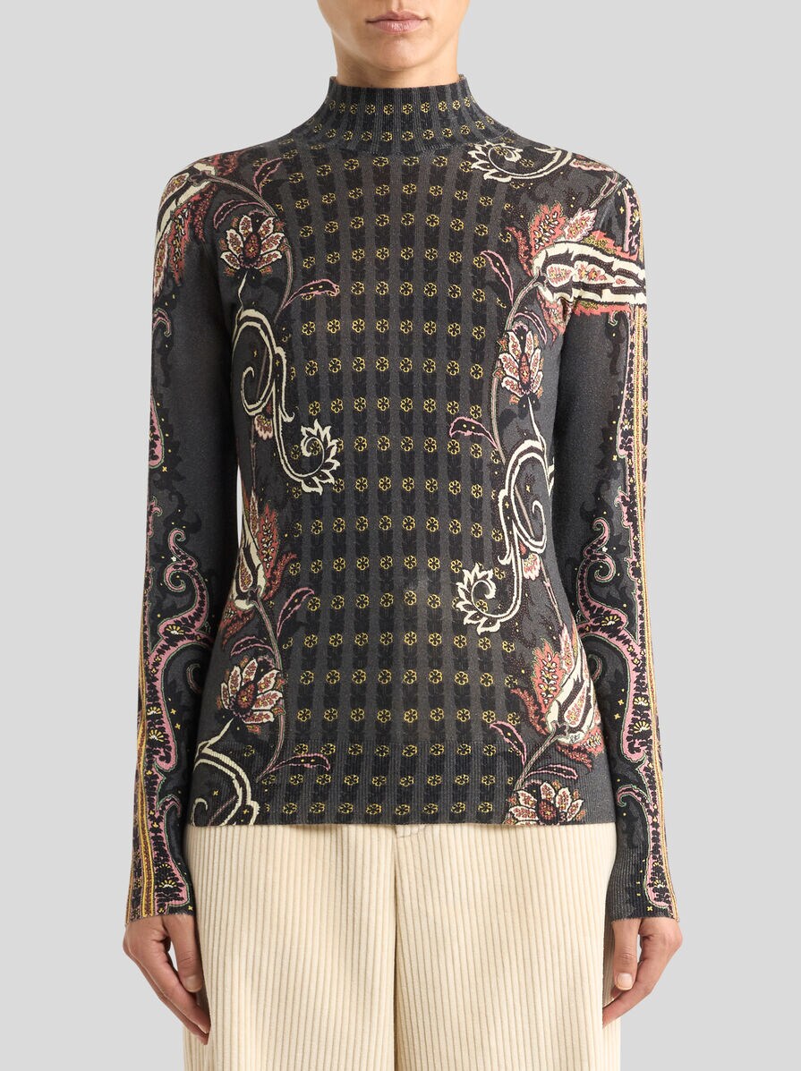 【美品・人気】エトロ ペイズリー柄 タートルネックトップス シルク＆カシミア フローラル ペイズリーモチーフ シルク＆カシミア タートルネック