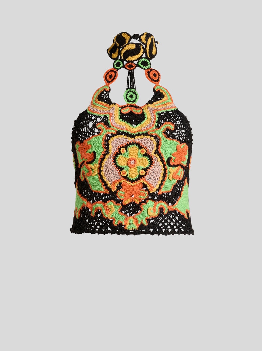 COTTON CROP TOP WITH CROCHET-EFFECT FLORAL MOTIF | Knitwear | ETRO