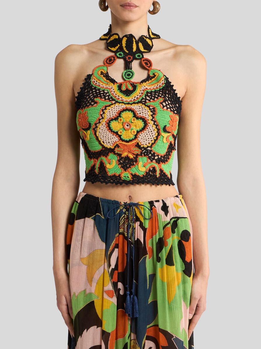 COTTON CROP TOP WITH CROCHET-EFFECT FLORAL MOTIF | Knitwear | ETRO