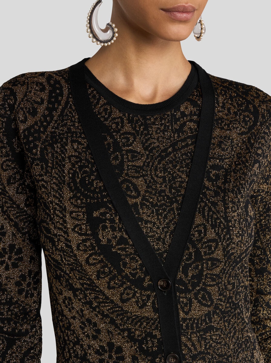 MAXI CARDIGAN IN WOOL-BLEND JACQUARD WITH METALLIC PAISLEY MOTIF