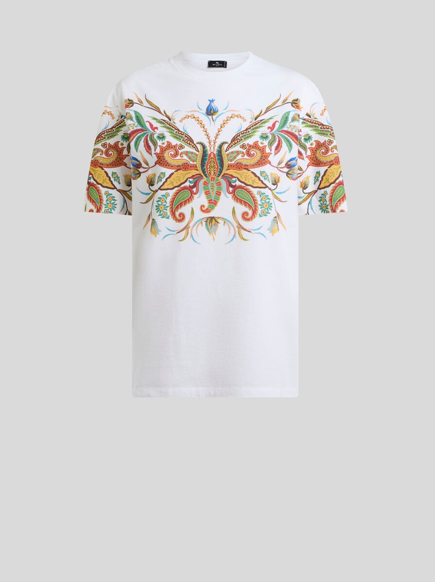 LONG COTTON T-SHIRT WITH PLACED PAISLEY FOLIAGE PRINT