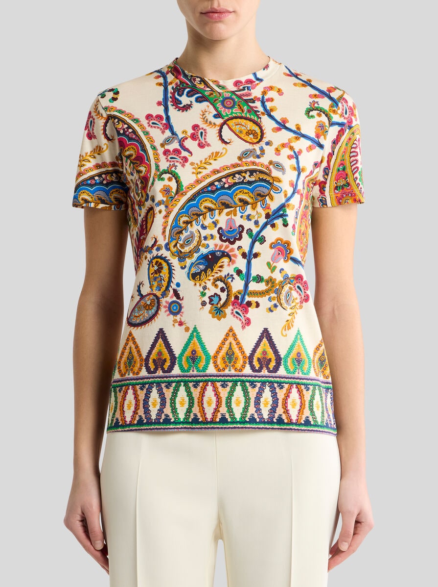 COTTON T-SHIRT WITH FLORAL PAISLEY AND MEDALLION MOTIF
