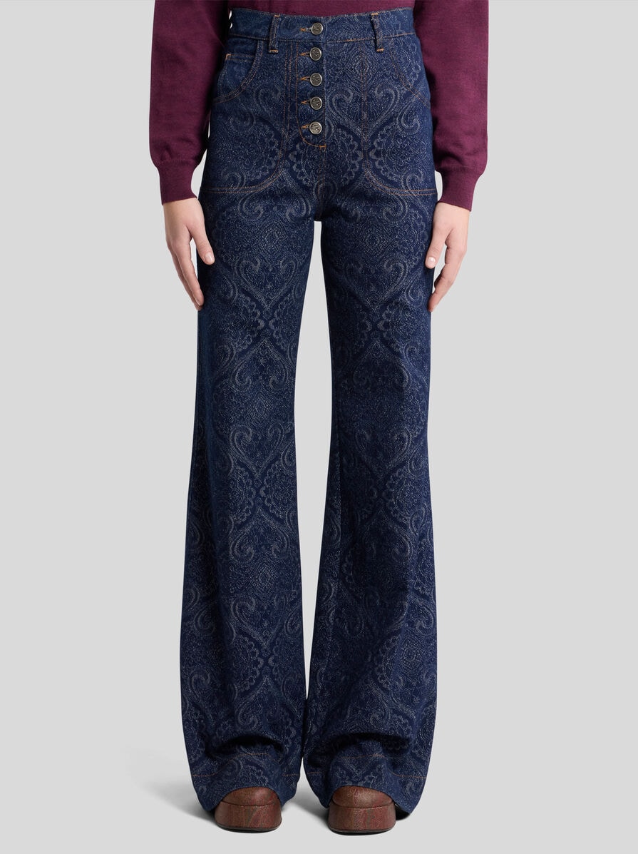 ETRO ジャカード デニム ジーンズ ネイビー ペガソボタン ジャカードデニム フレアジーンズ | エトロ