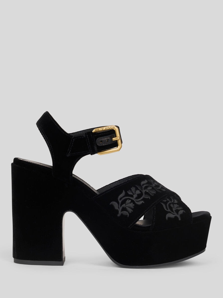 VELVET PLATFORM SANDALS WITH EMBROIDERY