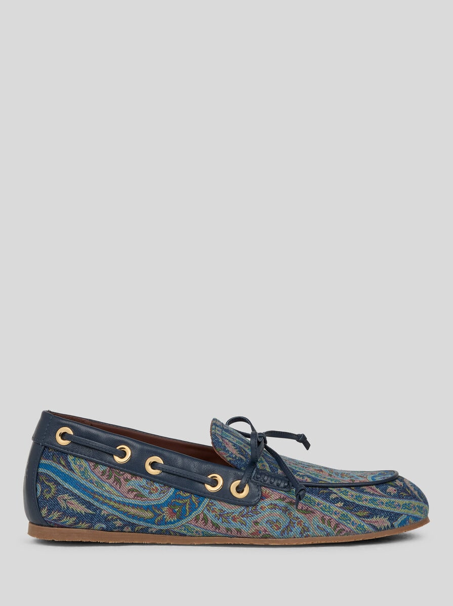 DENIM BOAT LOAFERS WITH LEAFY PAISLEY MOTIF